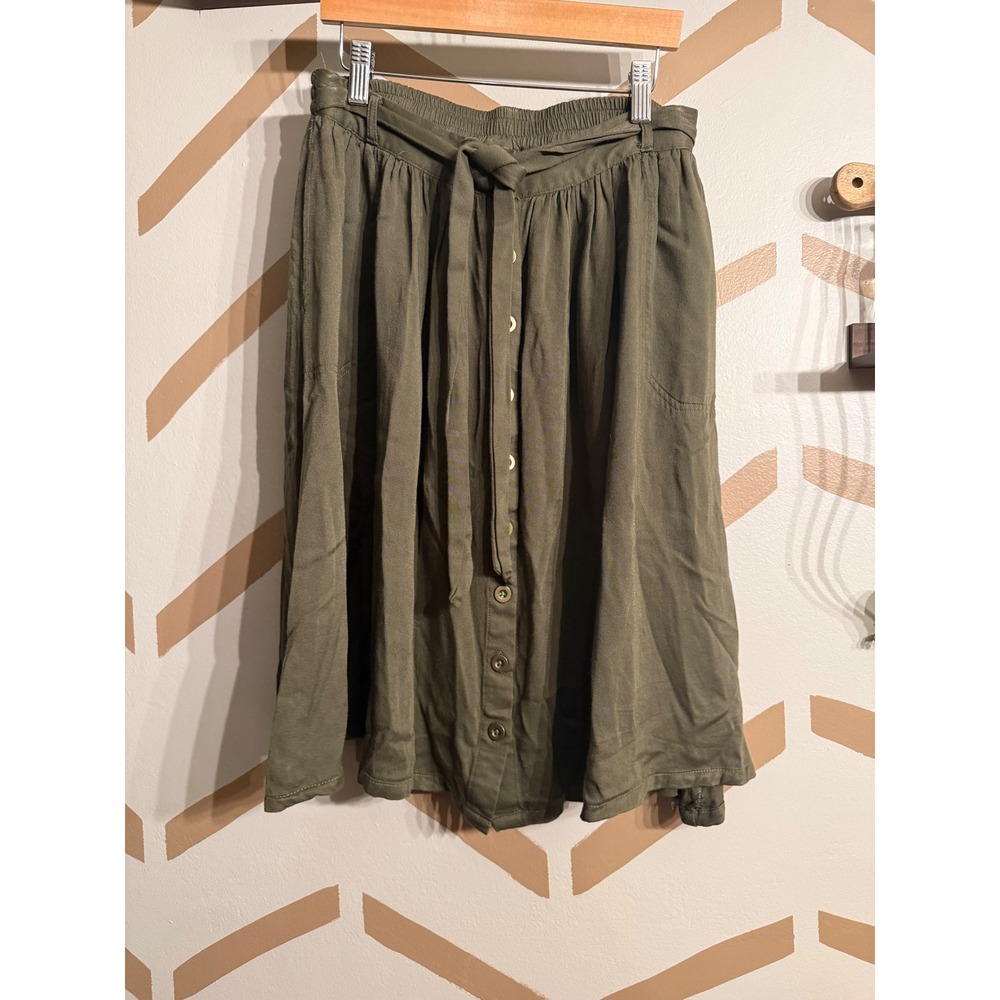 ModCloth Button Front Skirt Womens Medium Green Belted A-Line Midi Pocketed